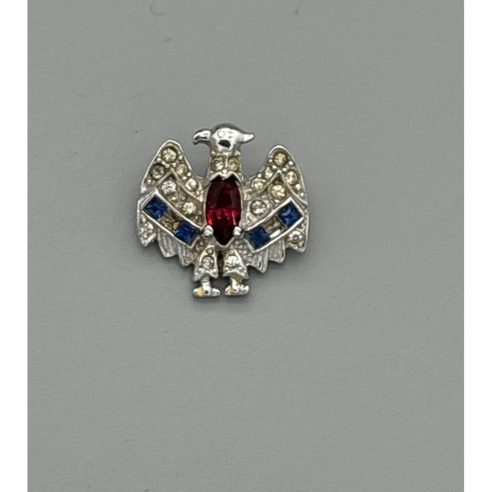 Vintage CORO Eagle‎ Enamel Silver-Tone Brooch Pin Rhinestone RARE HTF   .75" USA